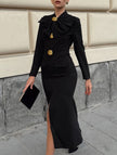 Black FJØRNA V-neck bow waist-cinching dress featuring a tailored fit and elegant design, perfect for formal occasions.