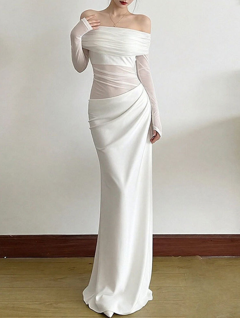 FJØRNA white French-style slim-fit dress with elegant design, featuring a tailored silhouette and stylish details.
