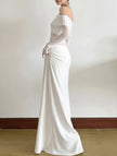 Elegant white French-style slim-fit dress by FJØRNA, showcasing a fitted silhouette and classic design for sophisticated occasions.