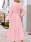 White V-neck tiered puff sleeve maxi dress by FJØRNA, flowing fabric and elegant design perfect for summer occasions.