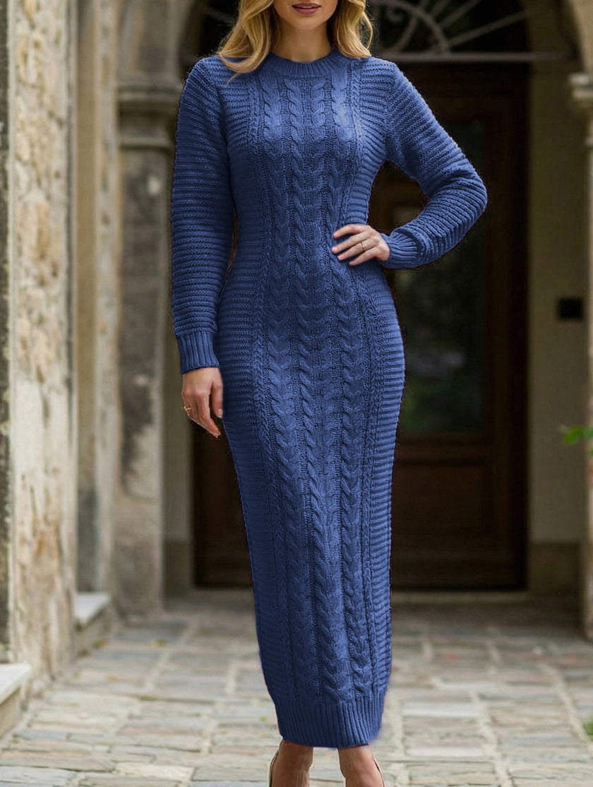 White cable knit wool dress by FJØRNA featuring long sleeves and a fitted silhouette, ideal for stylish winter or fall outfits.