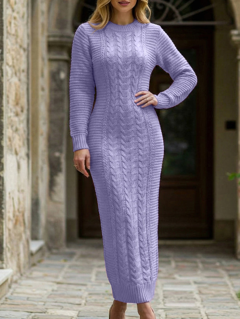 Light purple FJØRNA cable knit wool dress with long sleeves, stylish and cozy for fall or winter wear.