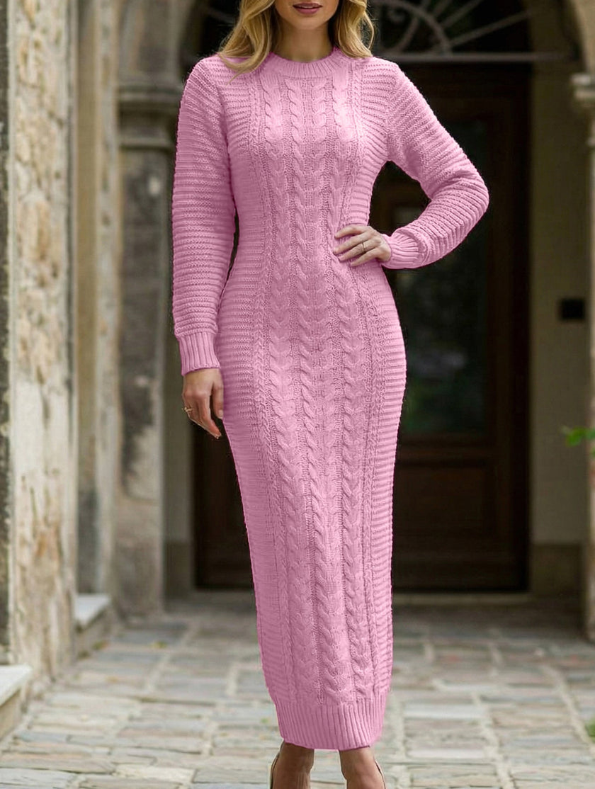 FJØRNA fashionable white cable knit wool long-sleeve dress displayed on a hanger, showcasing its cozy texture and stylish design.