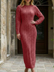 White FJØRNA cable knit long-sleeved wool dress, stylish and cozy, shown on a model with a fitted silhouette.