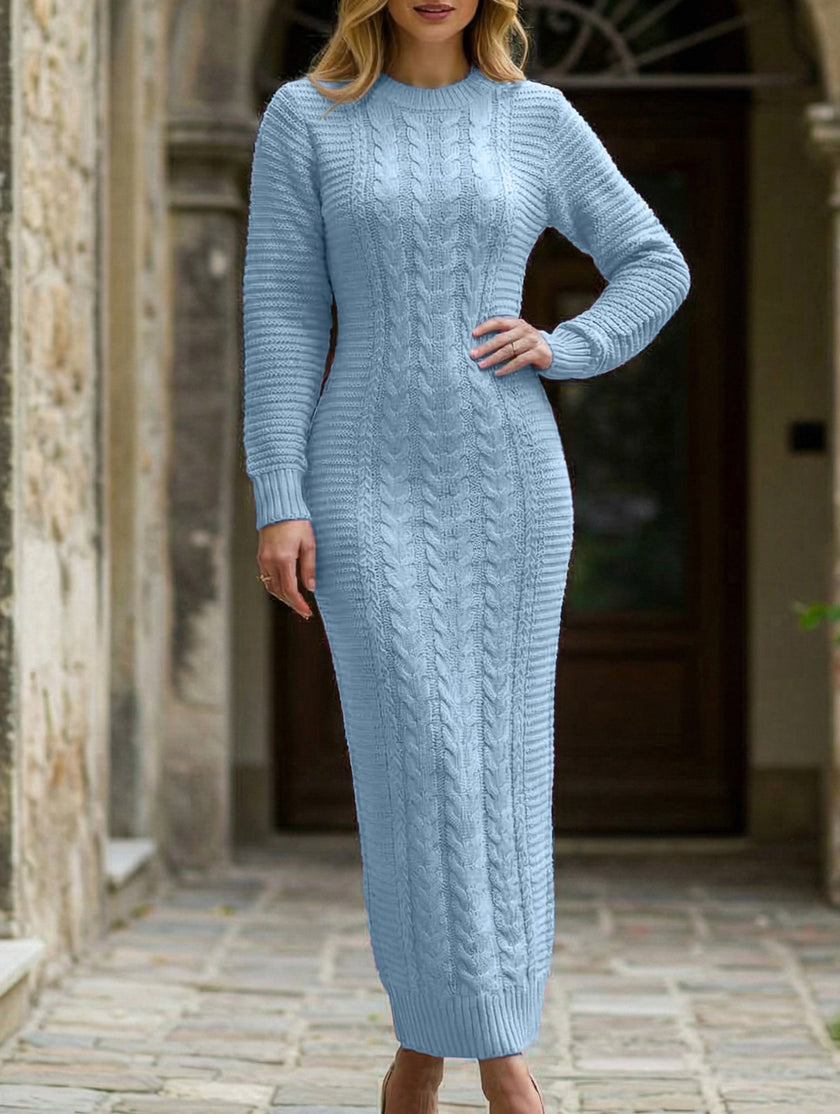 White cable knit wool dress by FJØRNA featuring long sleeves and a cozy, stylish design.