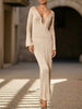White FJØRNA V-neck backless long-sleeved knit dress with a sexy round back design, perfect for stylish occasions.