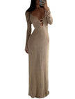 White FJØRNA V-neck long-sleeved knit dress with a sexy round backless design, perfect for stylish, elegant wear.