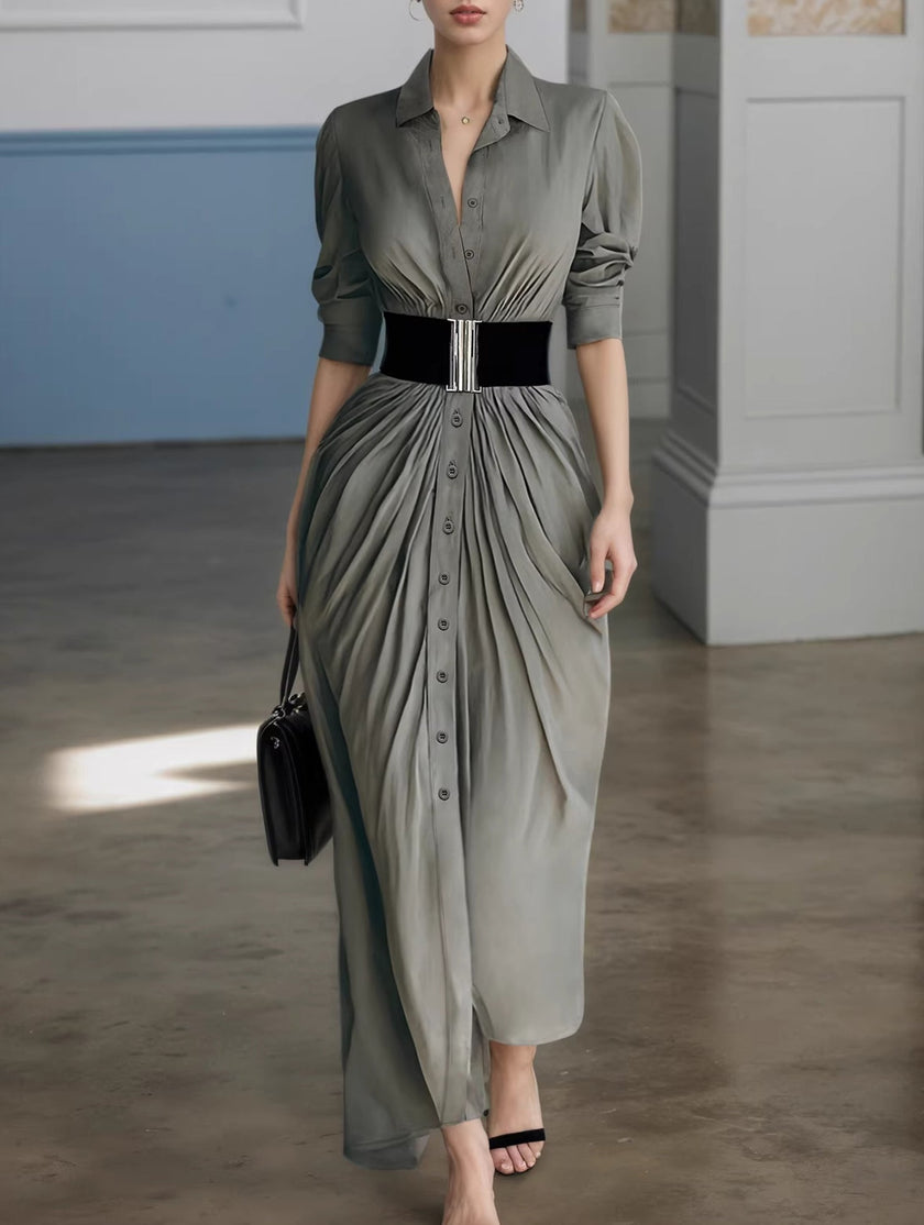 FJØRNA white button-down shirt dress with belt, featuring a classic collar and long sleeves, styled on a model.
