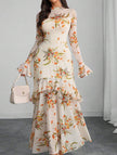 Women's dress with lotus leaf sleeve and floral print – White Dress