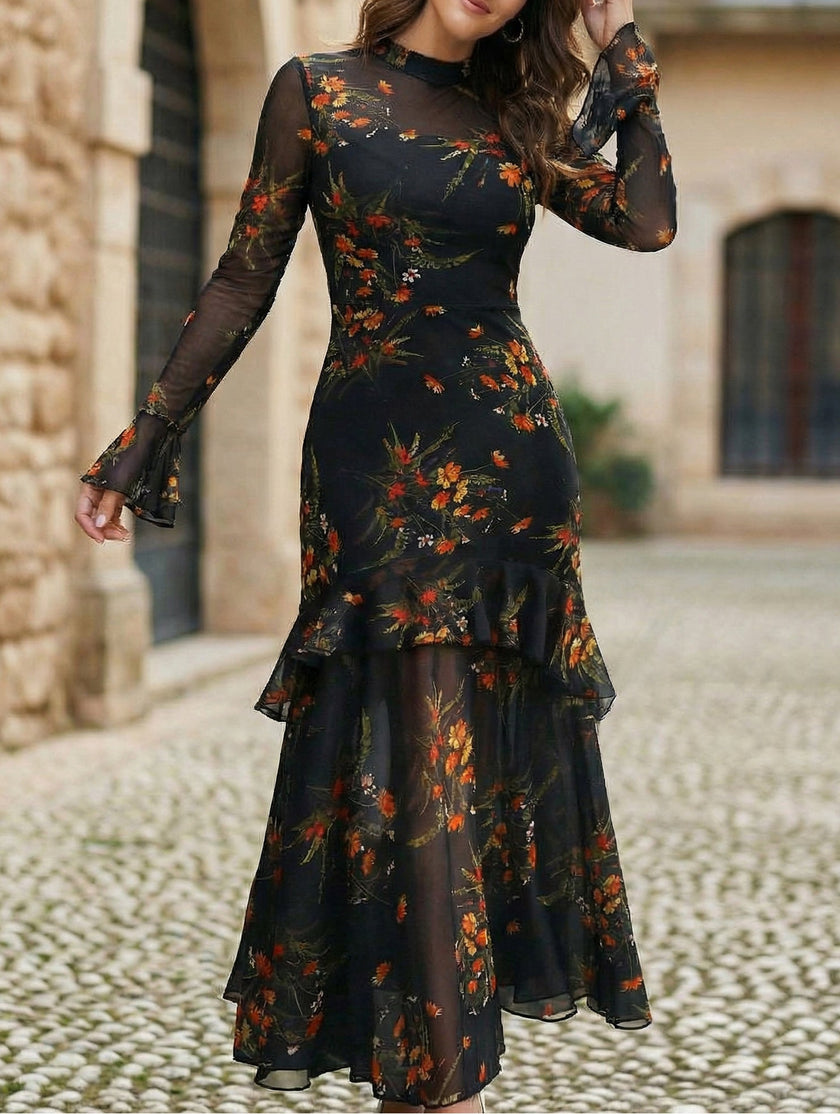 Women's dress with lotus leaf sleeve and floral print – White Dress