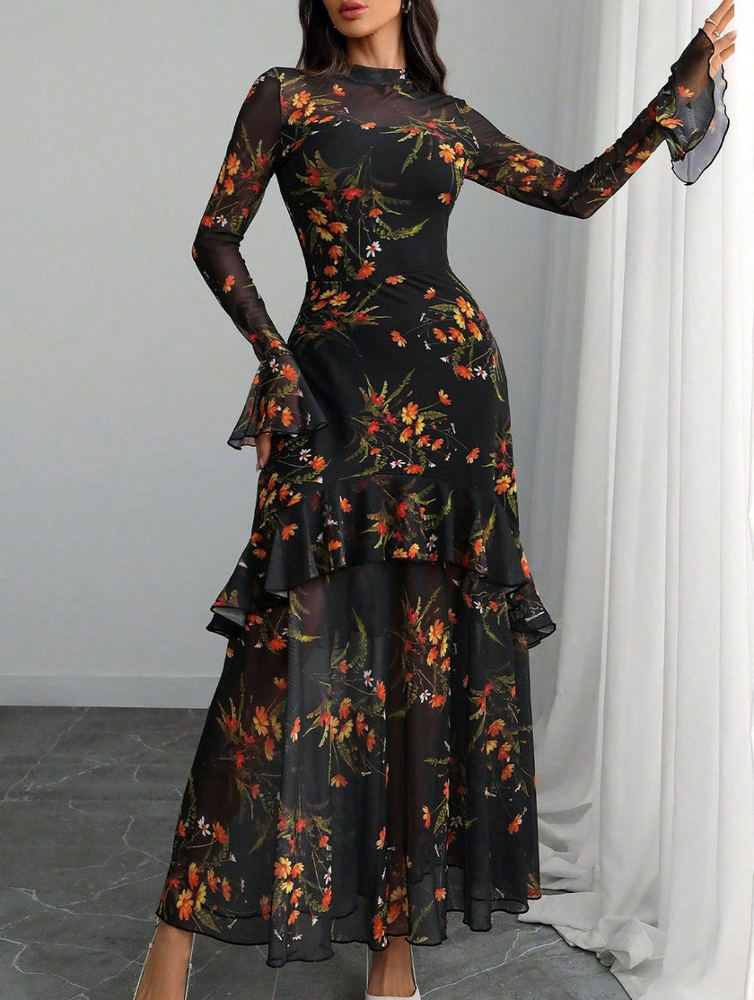 Women's dress with lotus leaf sleeve and floral print – White Dress