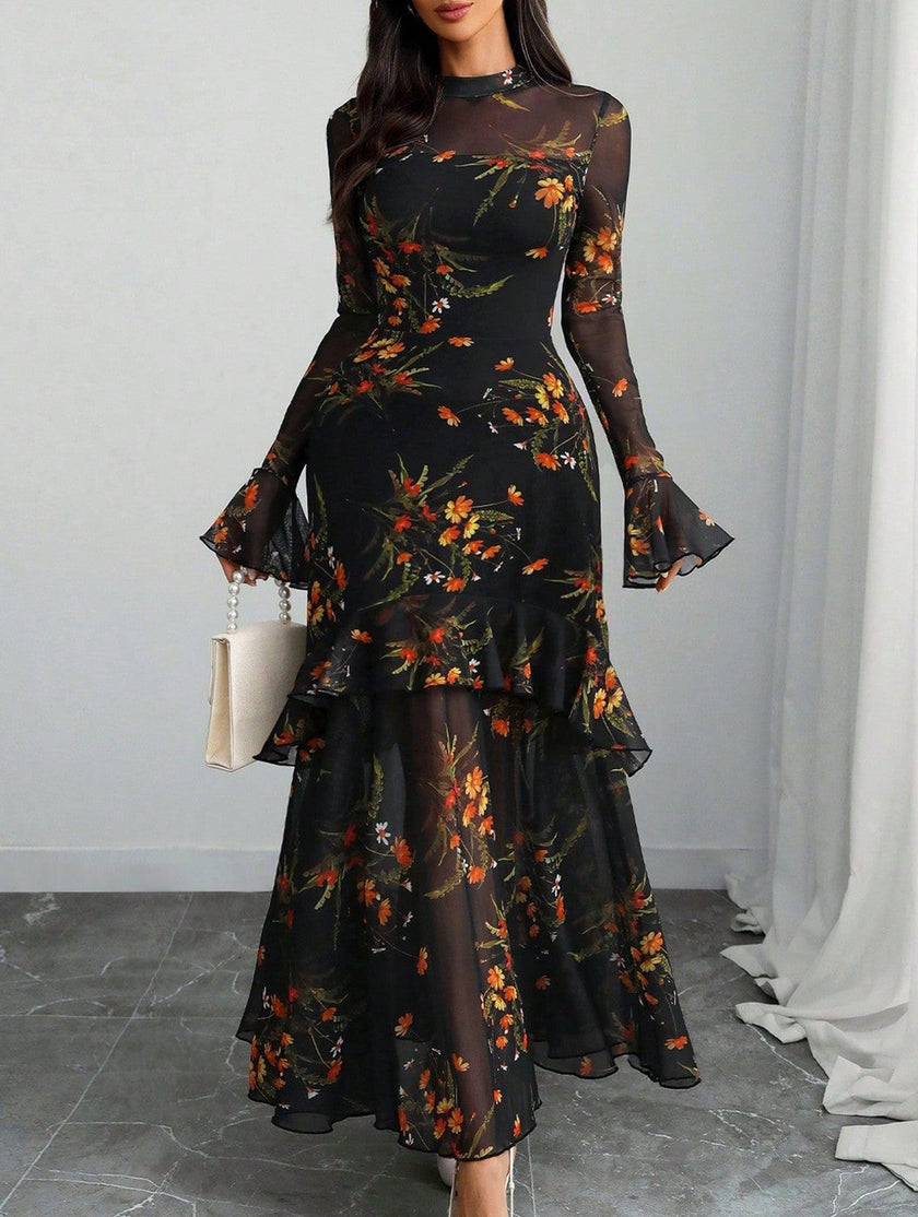 Women's dress with lotus leaf sleeve and floral print – White Dress