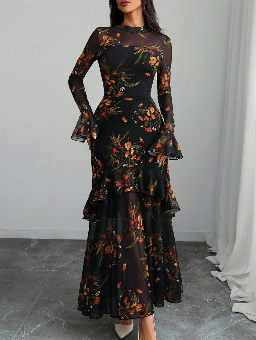 Women's dress with lotus leaf sleeve and floral print – White Dress