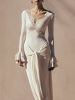 White Lace Patchwork V-neck dress with bell sleeves by FJØRNA, featuring delicate lace details and a stylish fit.