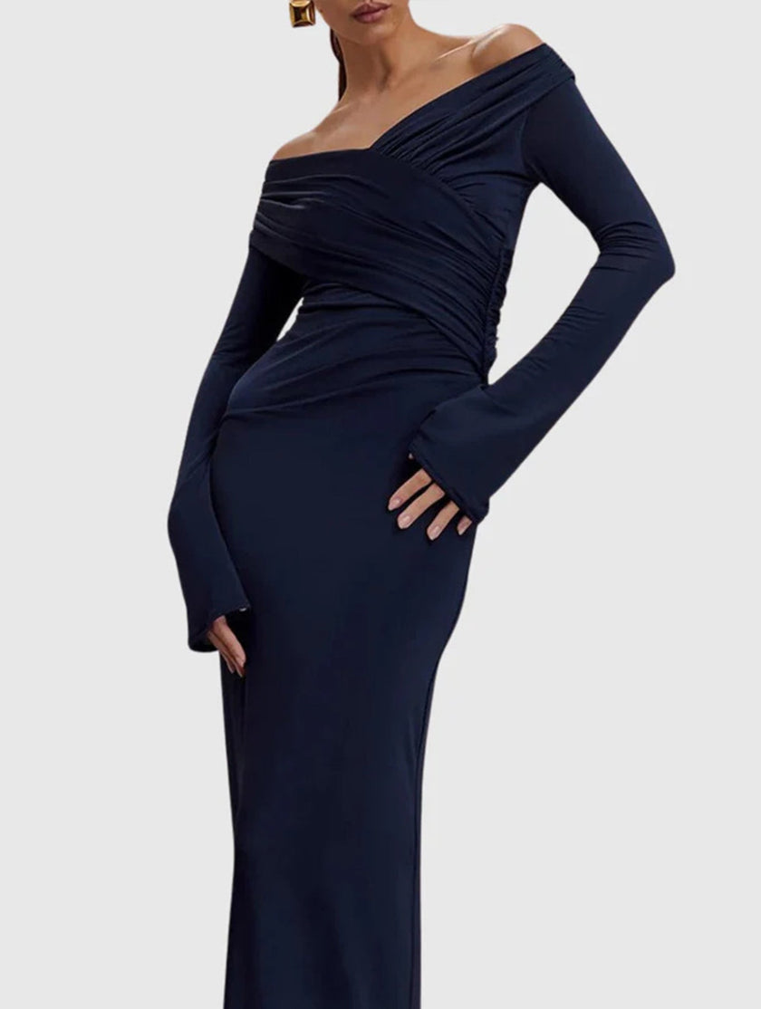 Black FJØRNA one-shoulder bodycon evening dress, form-fitting with elegant design, perfect for formal events.