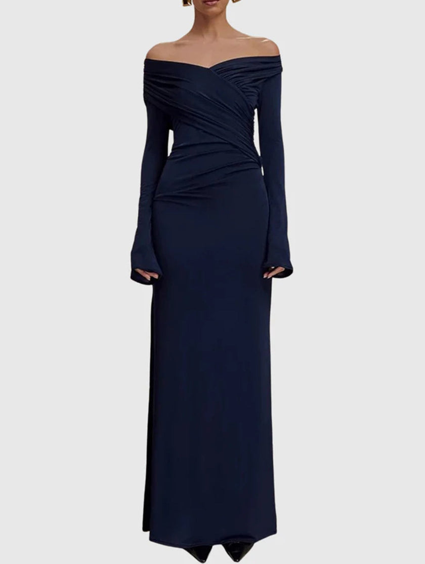 Black FJØRNA one-shoulder bodycon evening dress featuring a sleek, fitted silhouette and elegant design for formal occasions.
