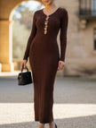 Dark brown French vintage V-neck knit bodycon dress by FJØRNA, featuring a fitted silhouette and classic V-neck design.