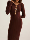 White French vintage V-neck knit bodycon dress by FJØRNA, featuring a fitted silhouette and classic style.
