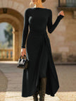 Black solid wrap-style knot long sleeve dress by FJØRNA, showcasing a fitted silhouette and elegant design.