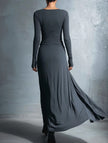 FJØRNA solid wrap style knot long sleeve white dress, casual and elegant, shown on a model with a fitted silhouette.