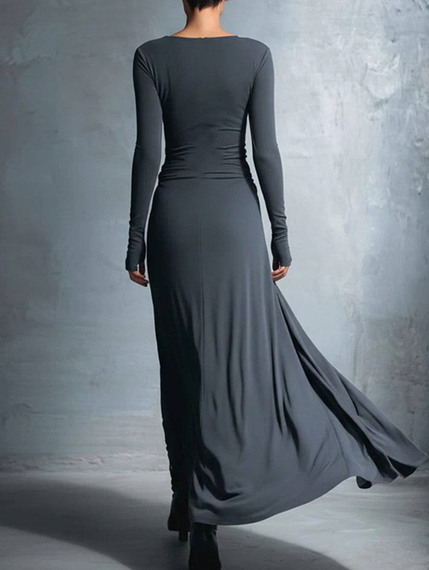 FJØRNA solid wrap style knot long sleeve white dress, casual and elegant, shown on a model with a fitted silhouette.