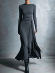 FJØRNA solid wrap-style knot long sleeve white dress, showcasing the elegant front design and tailored fit.