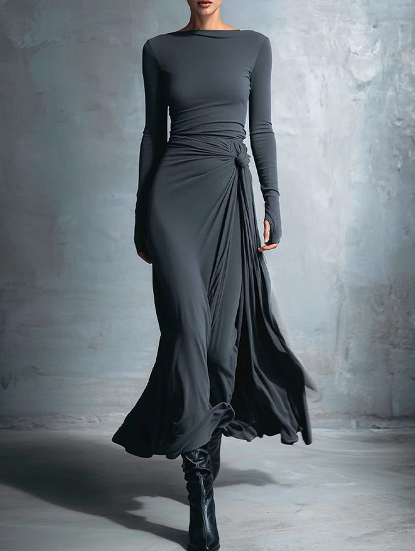 FJØRNA solid wrap-style knot long sleeve white dress, showcasing the elegant front design and tailored fit.