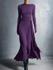 White FJØRNA solid wrap-style knot long sleeve dress displayed on a model, showcasing its elegant design and fitted silhouette.