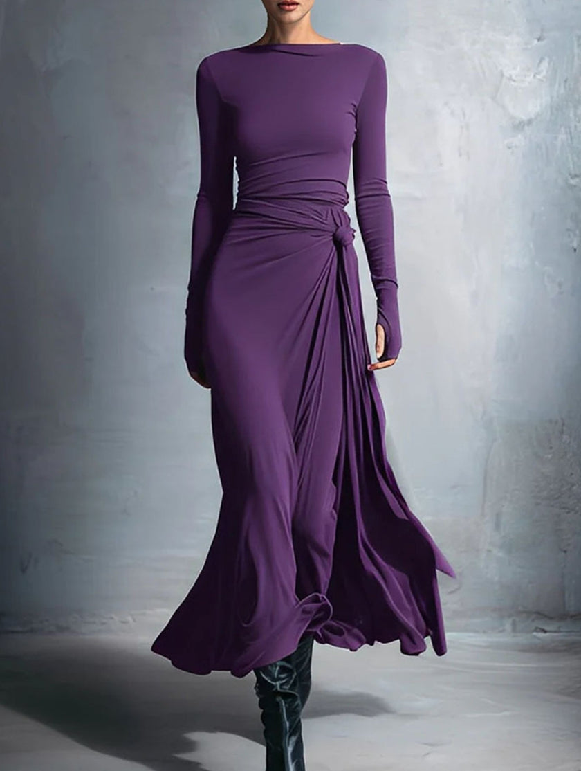 White FJØRNA solid wrap-style knot long sleeve dress displayed on a model, showcasing its elegant design and fitted silhouette.