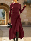 White FJØRNA solid wrap-style knot long sleeve dress displayed on a hanger with a fitted silhouette and elegant design.