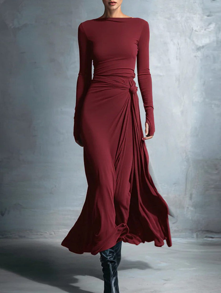 White FJØRNA Solid Wrap Style Knot Long Sleeve Dress displayed on a hanger with a fitted silhouette and elegant design.