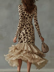 White V-neck printed mesh patchwork maxi dress by FJØRNA, featuring a flowing silhouette and intricate pattern details.