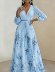 Blue V-neck pleated printed slim maxi dress by FJØRNA featuring a flowing silhouette and elegant design.