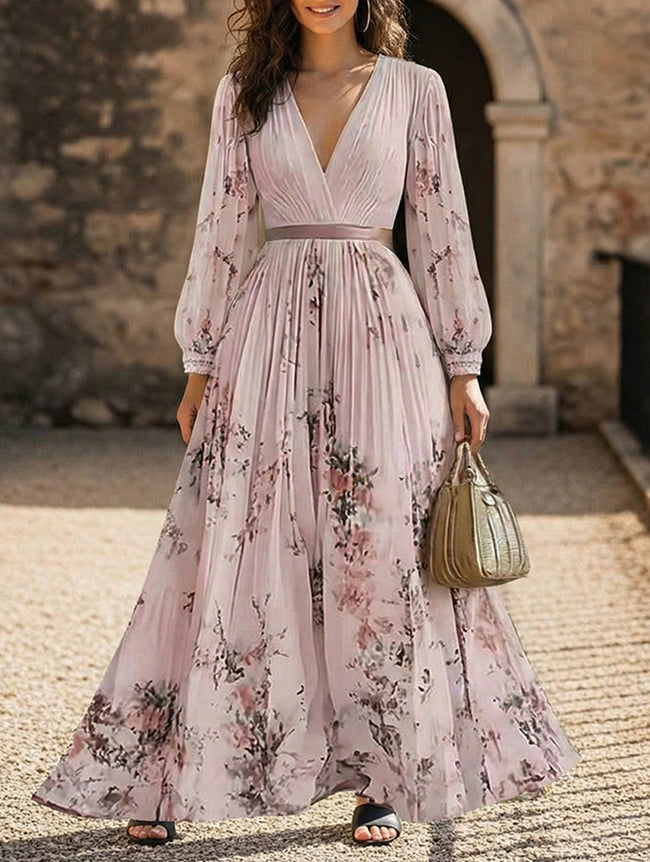 FJØRNA white V-neck pleated printed slim maxi dress, elegant and flowing, showcased on a model with a stylish design.