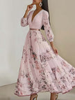 Pink V neck pleated printed slim maxi dress by FJØRNA featuring a flowing design and elegant silhouette.