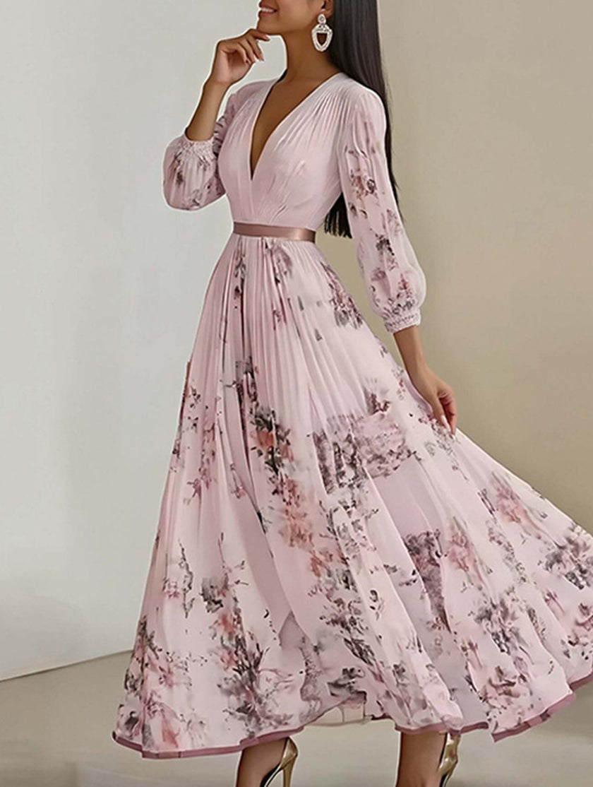Pink V neck pleated printed slim maxi dress by FJØRNA featuring a flowing design and elegant silhouette.