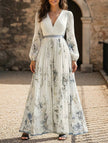 FJØRNA white V-neck pleated printed slim maxi dress with flowing fabric and elegant design, perfect for summer occasions.