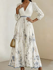 White V neck pleated printed slim maxi dress by FJØRNA, featuring a flowy silhouette and elegant design.