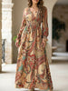 Women's printed V-neck full skirt dress by FJØRNA in khaki, featuring a stylish design and flowy silhouette.