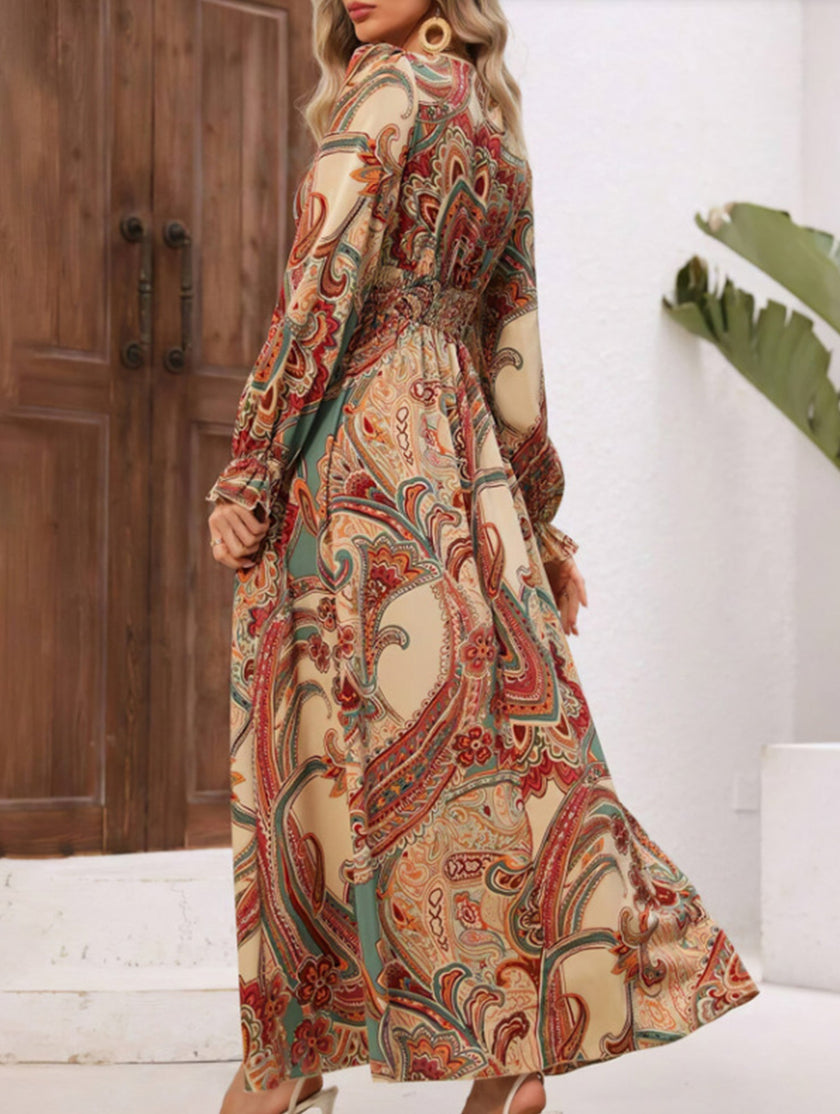 Women's white printed V-neck full skirt dress by FJØRNA, featuring a stylish design and flowing silhouette.