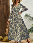 FJØRNA vintage print white V-neck long sleeve maxi dress with a flowing silhouette, perfect for elegant occasions.