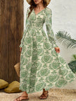 FJØRNA vintage print white V-neck long sleeve maxi dress, elegant flowy design for women, full-length dress image