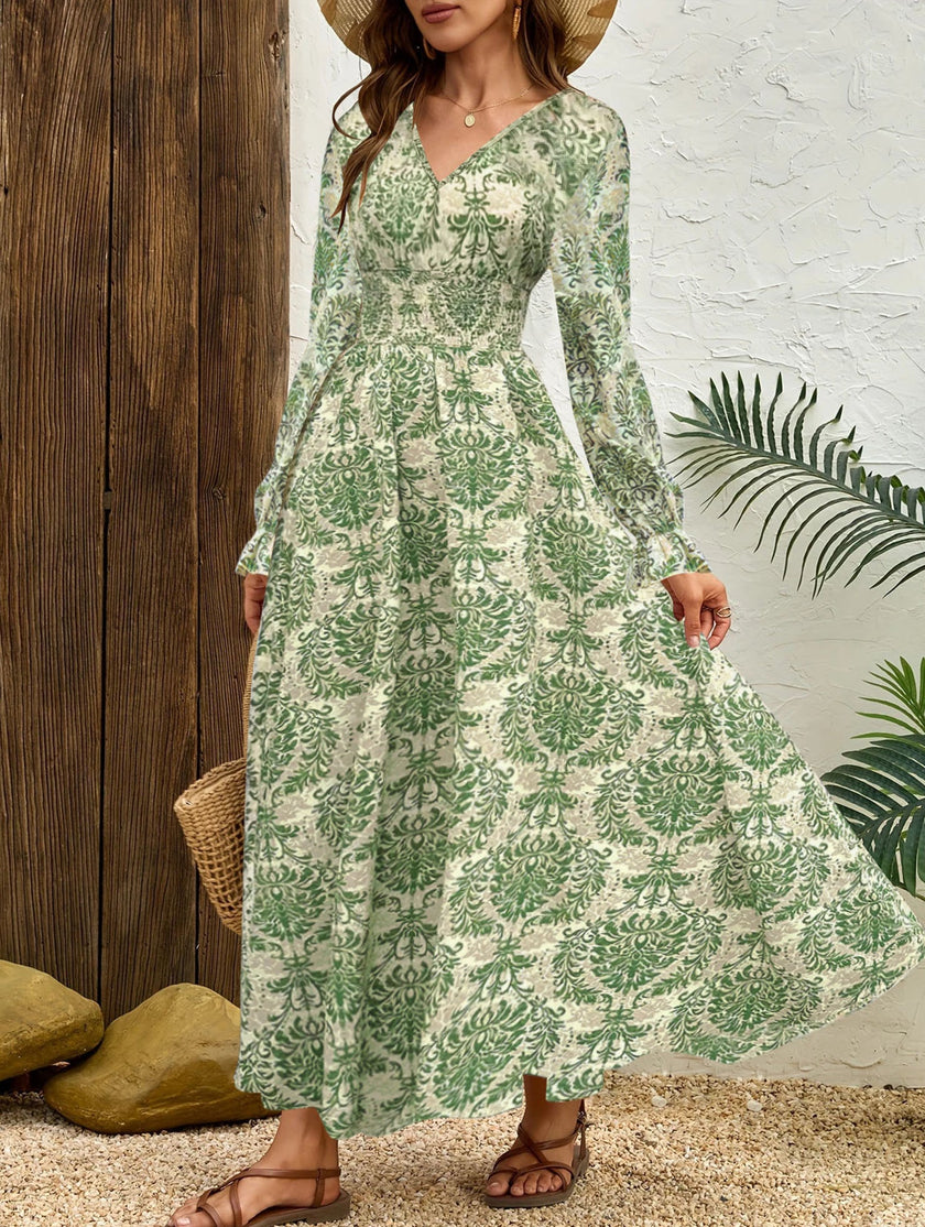 FJØRNA vintage print white V-neck long sleeve maxi dress, elegant flowy design for women, full-length dress image