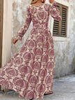 FJØRNA vintage print white V-neck long sleeve maxi dress with a flowing silhouette, perfect for elegant casual wear.