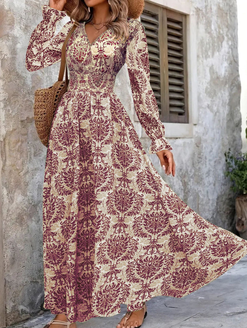 FJØRNA vintage print white V-neck long sleeve maxi dress with elegant flowy fabric and classic silhouette.