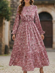 FJØRNA floral high waist long sleeve white midi dress with a fitted bodice and flowing skirt, perfect for elegant occasions.
