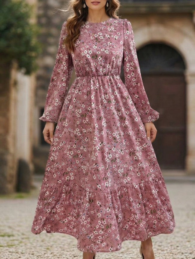 FJØRNA floral high waist long sleeve white midi dress with a fitted bodice and flowing skirt, perfect for elegant occasions.