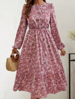 FJØRNA floral high waist long sleeve white midi dress with a fitted silhouette and elegant design.