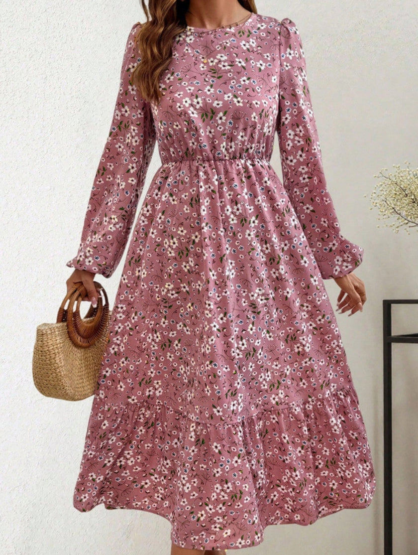 FJØRNA floral high waist long sleeve white midi dress with a fitted silhouette and elegant design.