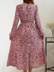 FJØRNA floral high waist long sleeve white midi dress with a feminine design and elegant midi length.
